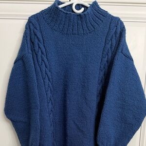 Hand Knit Men's XL-XXL Blue Mock Neck Sweater Cottage Grandpa Cabin Academia